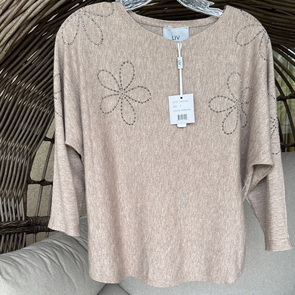 LIV Beige Embellished Flower-Accent Knit Top
